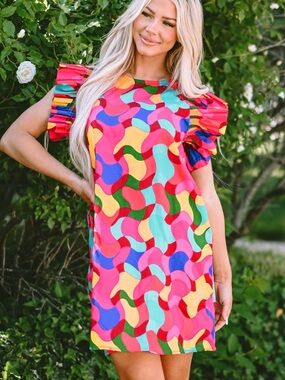 Bright Multicolor Abstract Cotton Dress - Size L